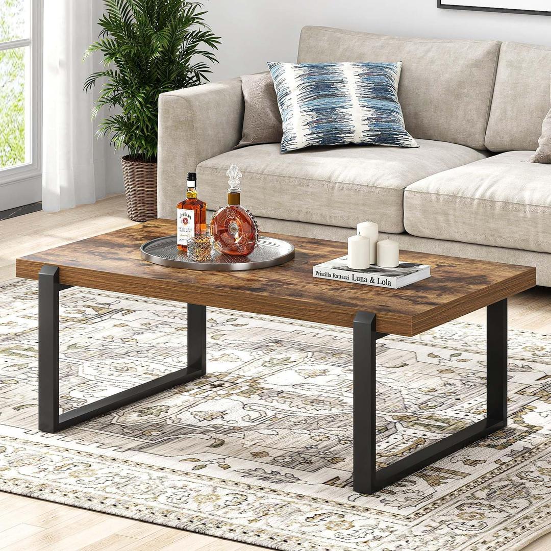Modern Coffee Table, Industrial Wood and Metal Center Table, Cocktail Tea Table for Living Room Home Office, Rustic Brown, 44 Inch