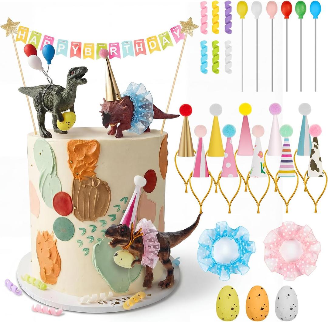 Gemscream 39 Pcs Dinosaur Cake Toppers Party Animal Cake Decorations Dinosaur Figures with Hats Mini Balloons for Birthday Pet Theme Party