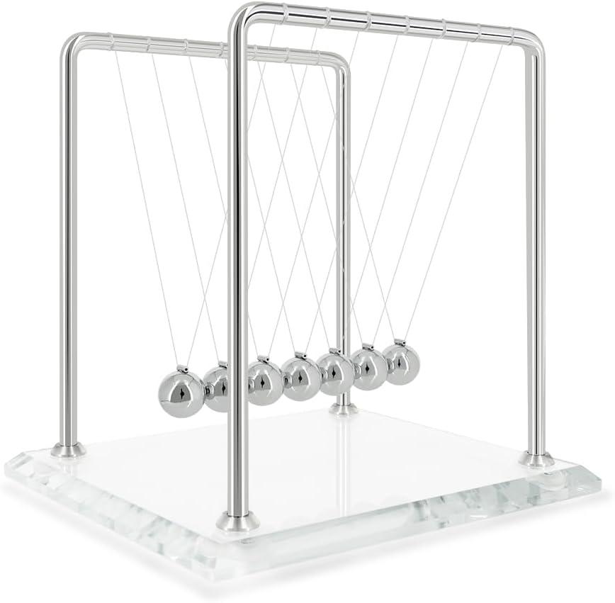 Newtons Cradle Pendulum with 7 Balls, Balance Ball 60+ Sec Swingtime Glass Base Science Physics Gadget for Home and Office