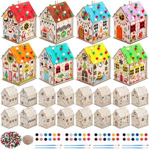 DoubleFill 24 set Christmas Wooden Gingerbread House Craft Kit DIY Christmas Village Set 3D Xmas Wood Birdhouse Craft Kits Included Paint Paintbrush Rope Pom Pom for Festival Party Game Gifts Supplies