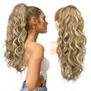 REECHO 24" Ponytail Extension Long Curly Claw Clip Ponytail Extension Jaw Clip in Pony Tails Natural Synthetic Hairpiece for Women Daily, Medium Blonde with Blonde Highlights