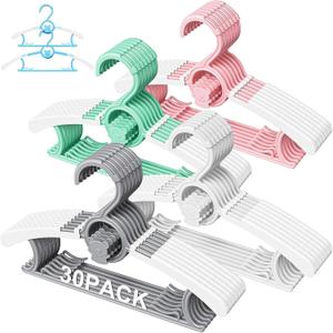 30 Pack Kids Hangers for Nursery Closet, Adjustable Non-Slip Toddler Baby Hangers with Windproof Buckle, 11-14" Infant Child Plastic Clothes Pant Hanger for Boys Girls Newborn Adult, Multi