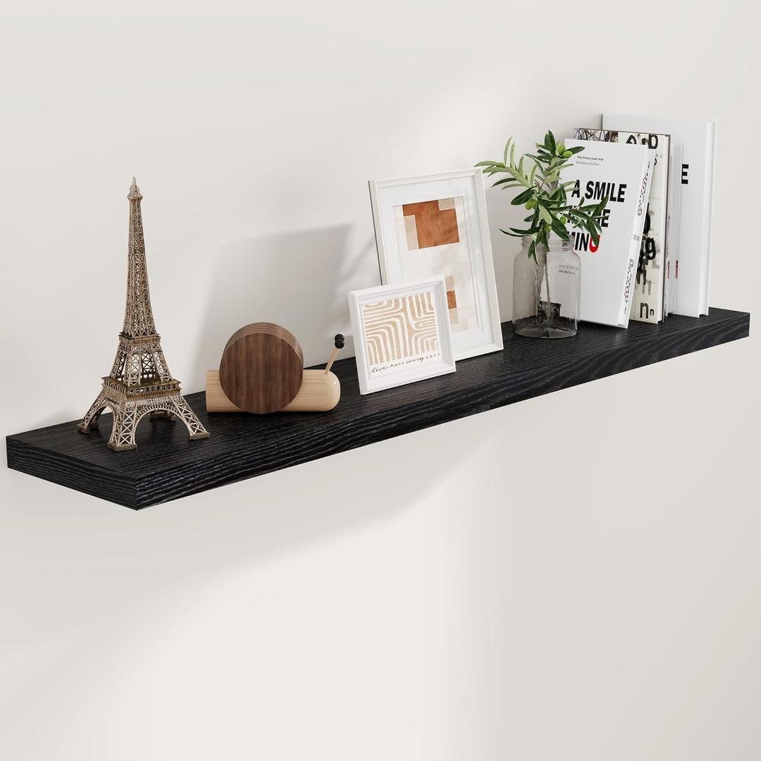 55 Inch Black Floating Shelves, 9.3 Inch Deep Wall Mounted Floating Shelf, 55 x 6.5 Large Storage Wall Shelf for Living Room, Floating TV Stand, Farmhouse Rustic 55" Long Fireplace Mantel