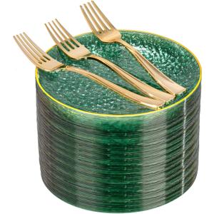 DaYammi 240Pcs Green Plastic Plates Including 120Pcs Dessert Plates and 120Pcs Gold Forks,Hammered Party Plate,Green Gold Appetizer plates Heavy duty Disposable Plastic Plate for Party Birthday Dinner