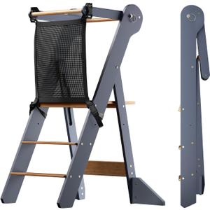 COSYLAND Foldable Toddler Standing Tower - Adjustable Height Folding Step Stool Kids Toddler Kitchen Stool for Learning and Cooking - Ages 18 Months to 6 Years with Safety Net Natural & Grey