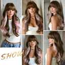 7JHH WIGS 28IN Brown Ombre Pink Long Wavy Bangs Wigs Natural Mixed Two Tone Heat Resistant Synthetic Fiber Women Curly Wigs for Christmas Daily Party Daily Used