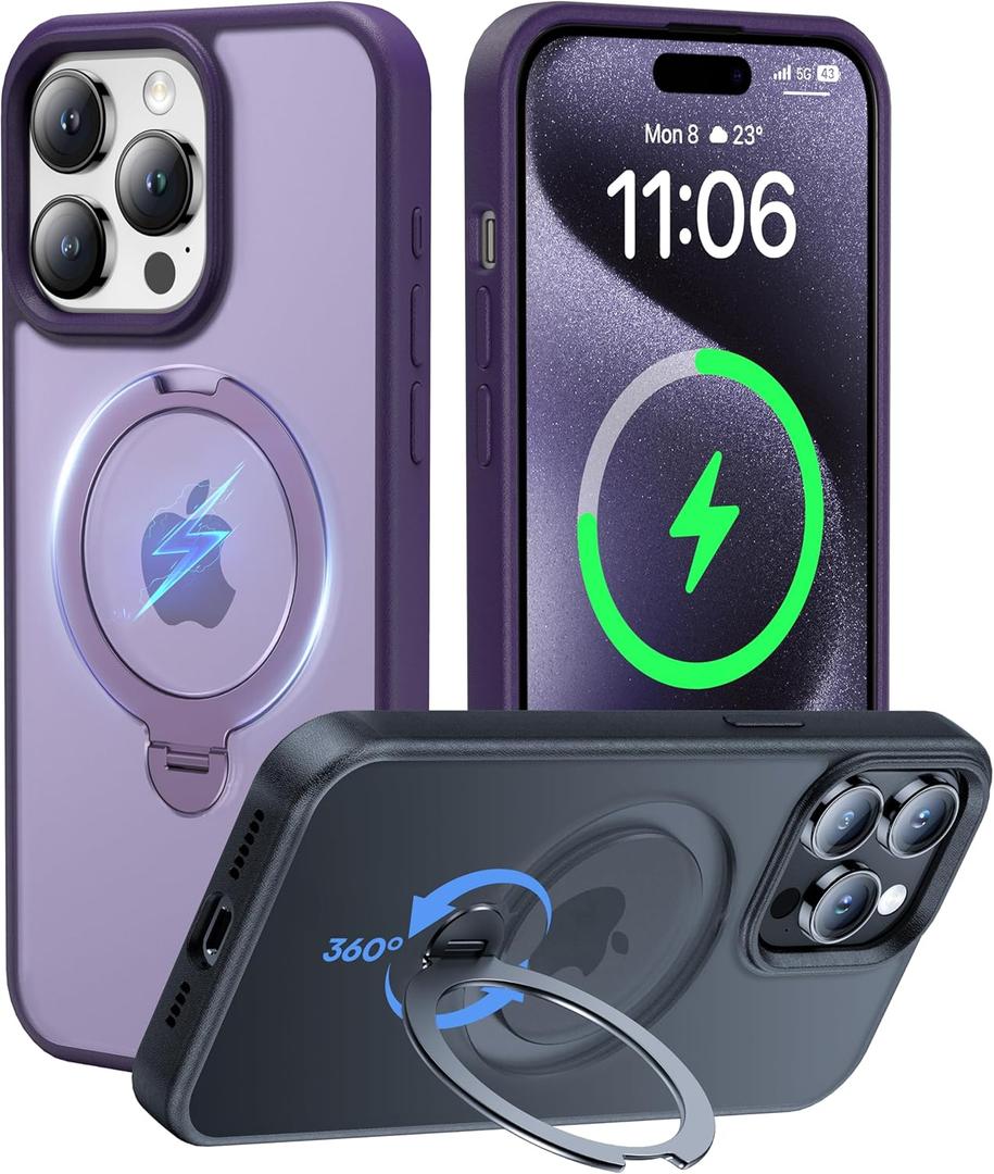 New Upgrade for iPhone 15 Pro Max Case with 360 Spin Titanium Magnetic Stand [16FT Military Grade Shockproof] [Fit for MagSafe] Matte Translucent Slim Kickstand 15 ProMax Phone Cover 6.7'', Purple
