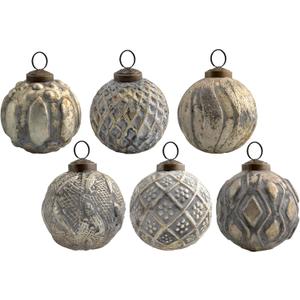AuldHome Design Farmhouse Ball Ornaments (Set of 6, Gold/Silver); Distressed Metal Glass Ball Vintage Style Christmas Decorations