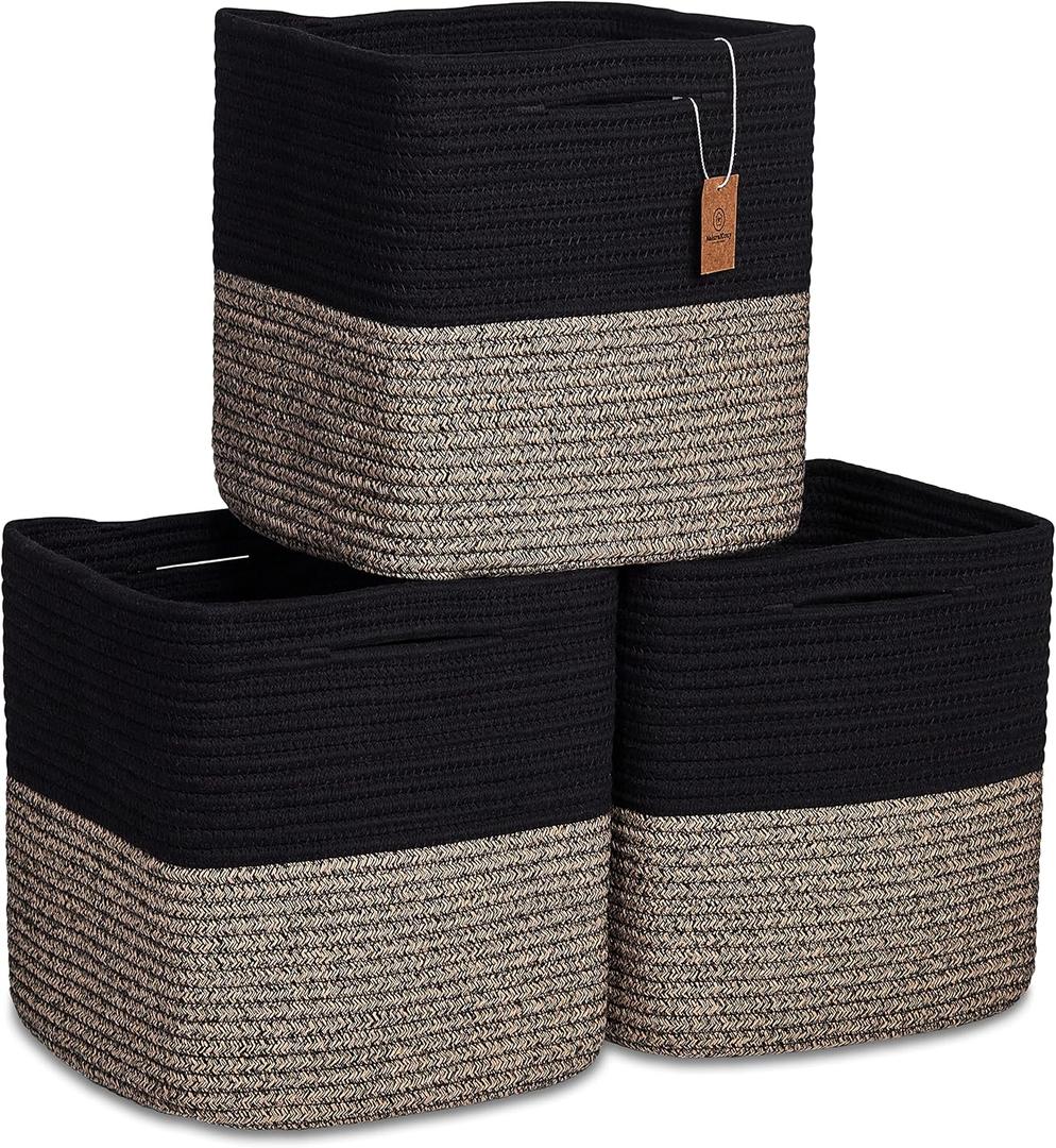 NaturalCozy Storage Cubes 11 Inch Cotton Rope Woven Baskets for Organizing, 3-Pack | Cube Storage Bin | Square Storage Baskets for Shelves Organizer, Classroom, Kids Toy Bins, Closet, Baby Nursery (Black & Mixed Black)