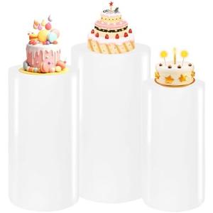JALANCY 3PCS Metal Cylinder Pedestal Stands for Party White Round Dessert Tables Pedestal Display Plinth Pillars for Birthday Wedding Baby Shower Art Decor（Small）