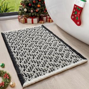Waffle Bath Mat, Boho Bathroom Rugs Extra Soft and Absorbent Non Slip Washable Bath Rug, Rubber Backed Bathroom Floor Mat Outside Shower Mat, 17x24 (Black)