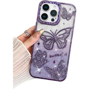 BITOBE Designed for iPhone 16 Pro, Cute 3D Butterfly Case Slim Plating Glitter Bling Luxury Cover for Women Girls Protective Camera Protection Bumper 6.3" Purple