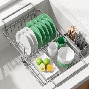 Kitsure Dish Drying Rack – Expandable in-Sink or Over-Sink Dish Rack for Kitchen Counter, Rust-Resistant Metal Dish Strainer with Cutlery Holder, 16.0"-20.7" L x 11.4" W x 5.7" H, Grey
