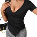 LYANER Women's Deep V Neck Wrap Front Ruched Slim Fitted T-Shirt Short Sleeve Shirt Blouse Tops M