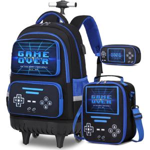 Rolling Backpack for Boys - Roller Wheels School Bookbag with Lunch Bag & Pencil Pouch for Teen Boys Kids Wheeled Suitcase Backpacks, Elementary Middle School Travel Daypack (Black)