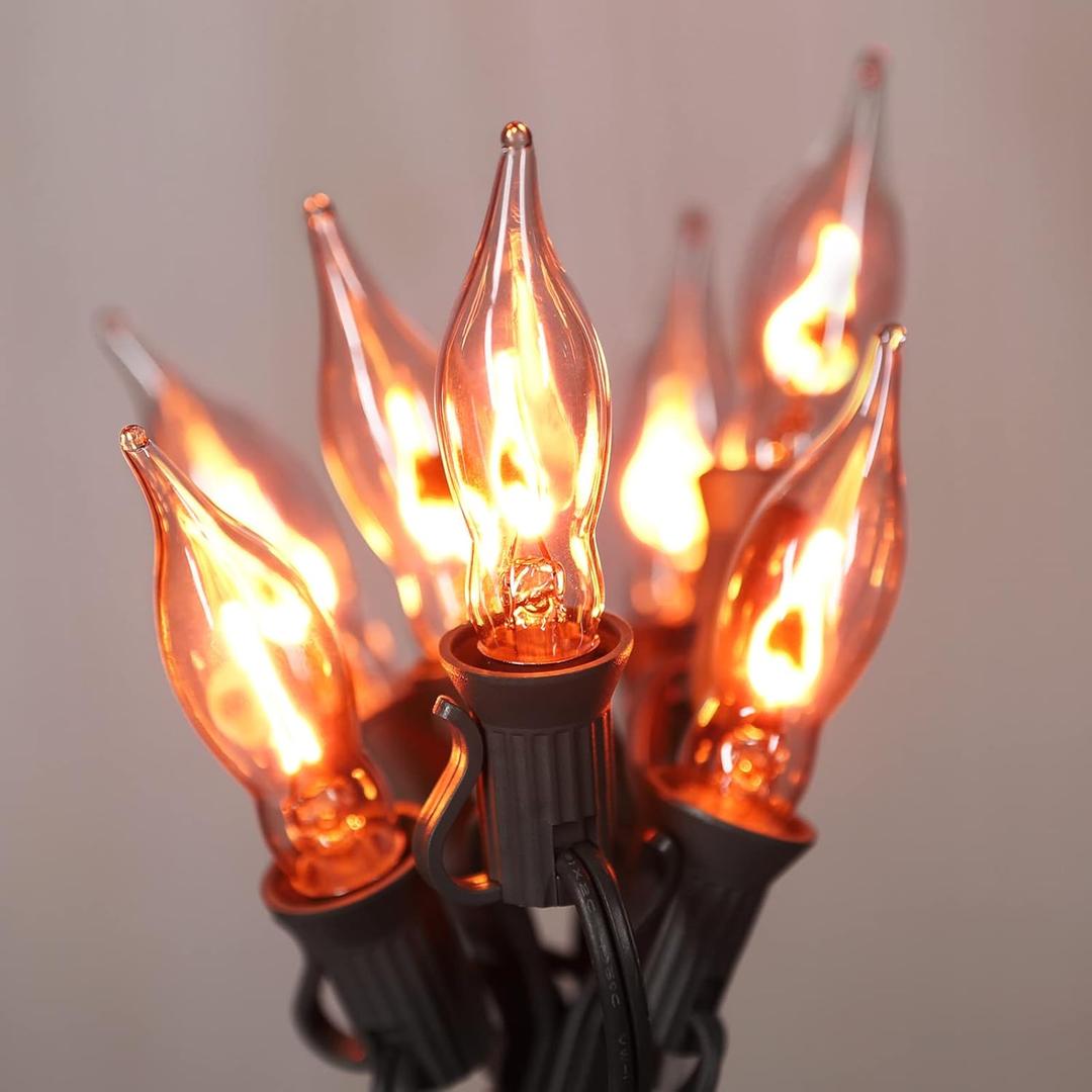 Halloween Lights Indoor Flickering Flame String Lights with 10 Pack Clear C7 Flame Light Bulbs, 12.8Ft Flame String Lights for Fall Decor Halloween Decorations Outdoor Home Party Lights (Black Wire)