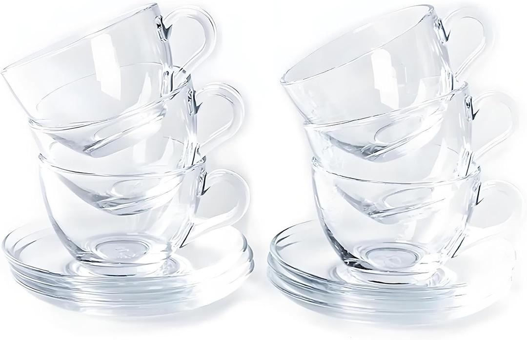 Tosnail 6 Pack 7-Ounce Glass Tea Cups and Saucers Sets Glass Coffee Mugs