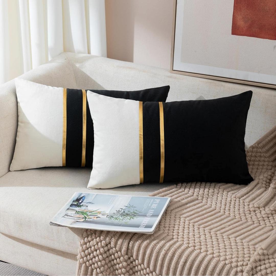 ZLINA Set of 2 Velvet Decorative Lumbar Pillow Covers Black White Patchwork with Gold Leather Pillow Covers 12x 20 Inch Cushion Covers Decor Living Room Sofa Bedroom Car