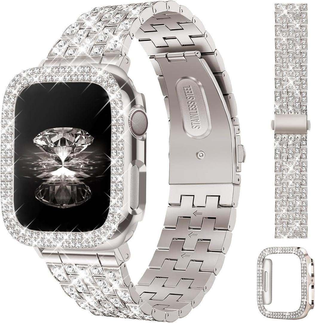 JR.DM Diamond Bands with Bling Case Women Compatible with Apple Watch 40mm 38mm 41mm 44mm 45mm 42mm 46mm 49mm Luxury Metal Bracelet Replacement Strap for iWatch Series 11/10/9/8/7/6/5/4 SE/Ultra 3/2/1