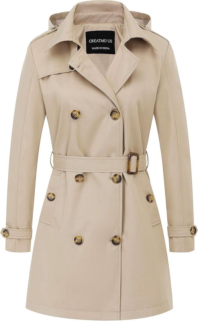CREATMO US Women's Trench Coat Double-Breasted Classic Lapel Overcoat Belted Slim Outerwear Coat with Detachable Hood (X-Large, Khaki)