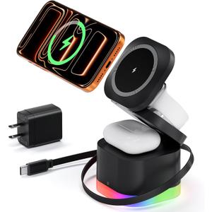 5 in 1 Magnetic Wireless Charger Stand with Night Light, Foldable Wireless Charging Station Built-in Retractable Cable, Travel Wireless Charger for iPhone16/ 15/ 14/ 13/ 12, Apple Watch, AirPods