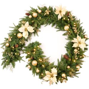 AMERZEST Pre-lit 9ft Christmas Garland with Gold Berries and Balls,Pine Cone,Golden Flower and 50 Battery Operated Soft White LED Lights with Timer,Artificial Holiday Decoration Door Outdoor