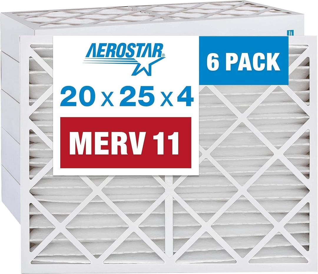 Aerostar 20x25x4 Air Filter MERV 11 (For Allergies, Dust, Lint, Mold, Pet Dander, Smoke & Smog) - Electrostatic MPR 1000 - 1200 & FPR 7 - Pleated HVAC AC Furnace Air Filters - Pack of 6
