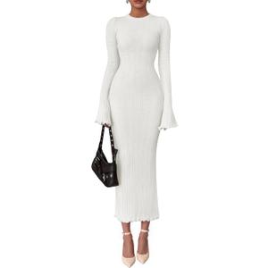 PRETTYGARDEN Sweater Dresses for Women 2026 Fall Bell Long Sleeve Crew Neck Bodycon Maxi Dress Winter Ribbed Knit Outfits (Small, White)