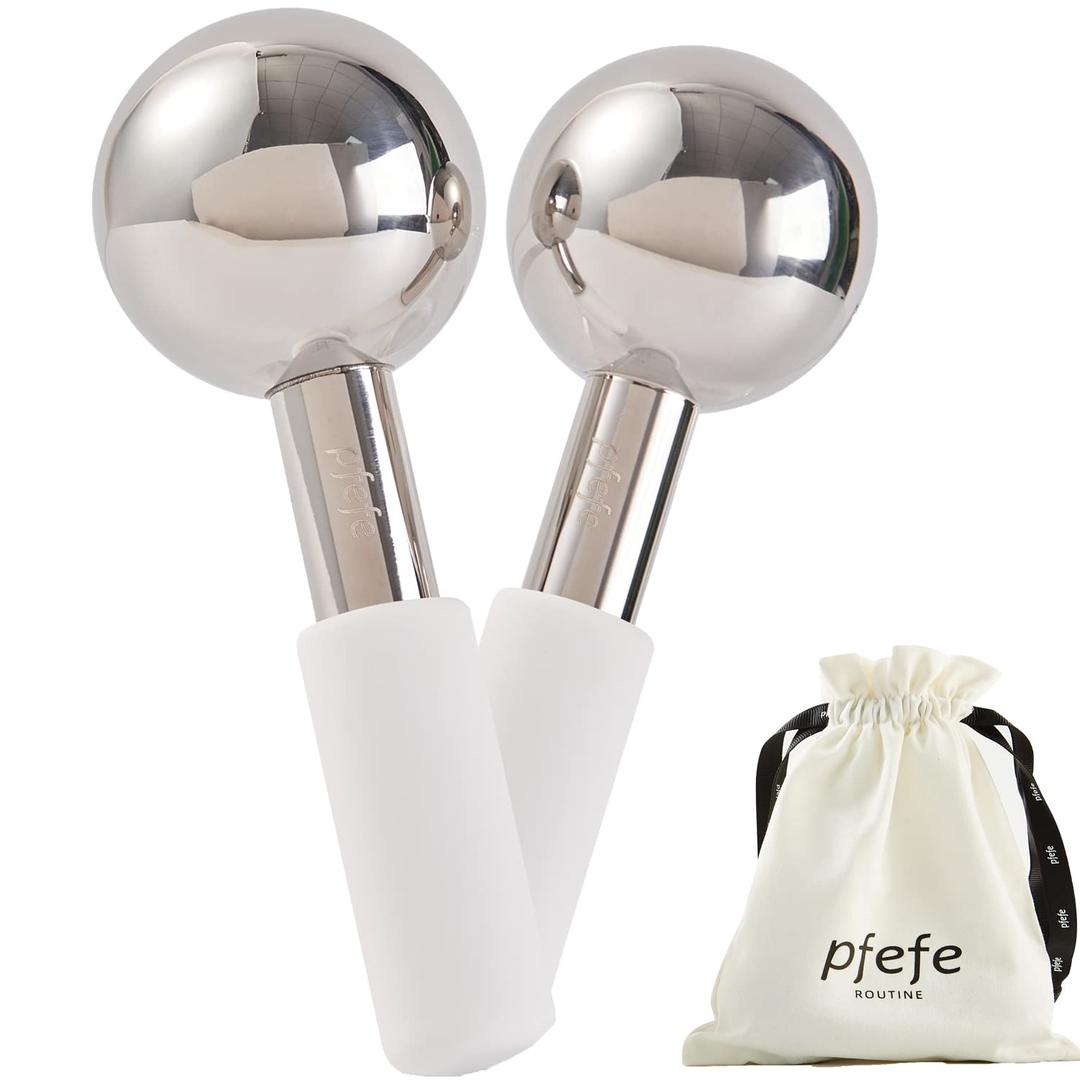 pfefe Ice Globes for Face & Eyes, Unbreakable Stainless Steel Cryo Sticks for Beauty Routines, Facials Cold Roller Cooling Globes for Puffiness, Wrinkles, Dark Circles, Headaches (White)