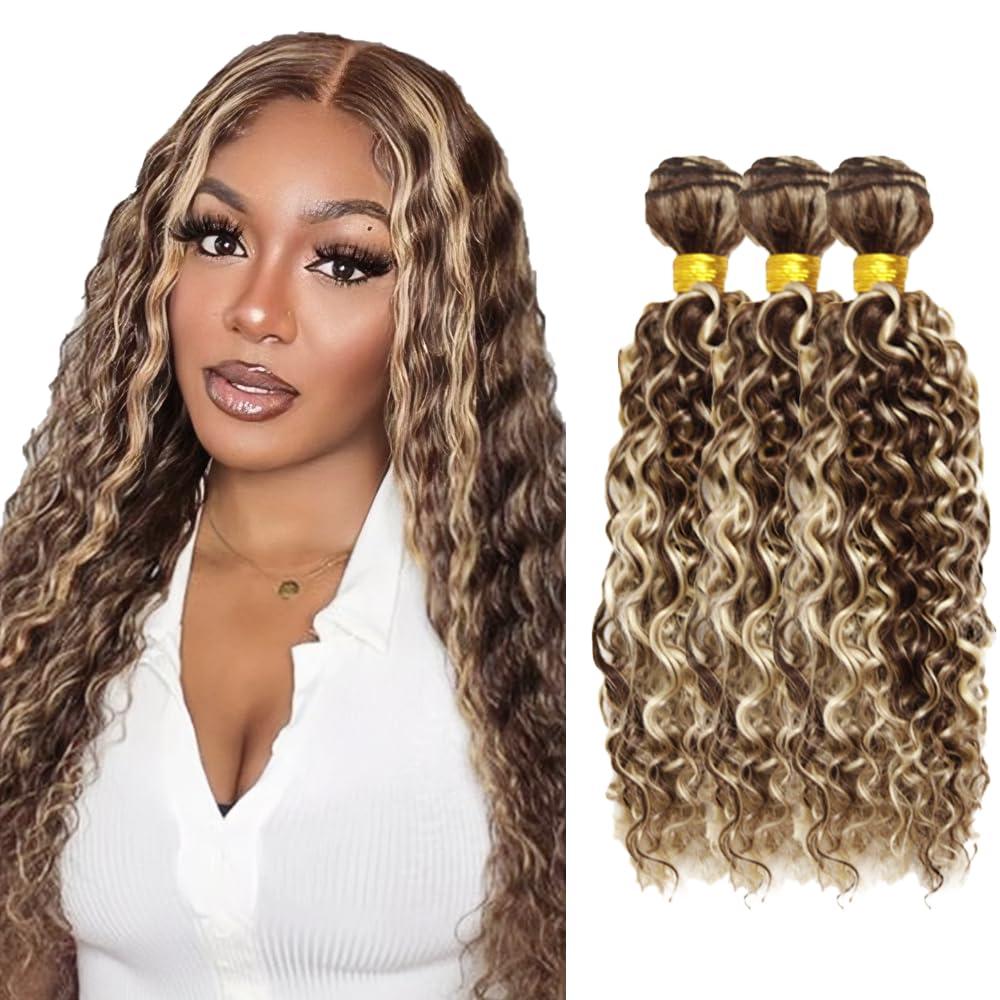 26 28 30 Inch Blonde Bundles Human Hair Water Wave Bundle P4/613 Highlight Brown 3 Bundles 300g/Pack Unprocessed Brazilian Virgin Hairs Double Weft Weaves Hair Extensions