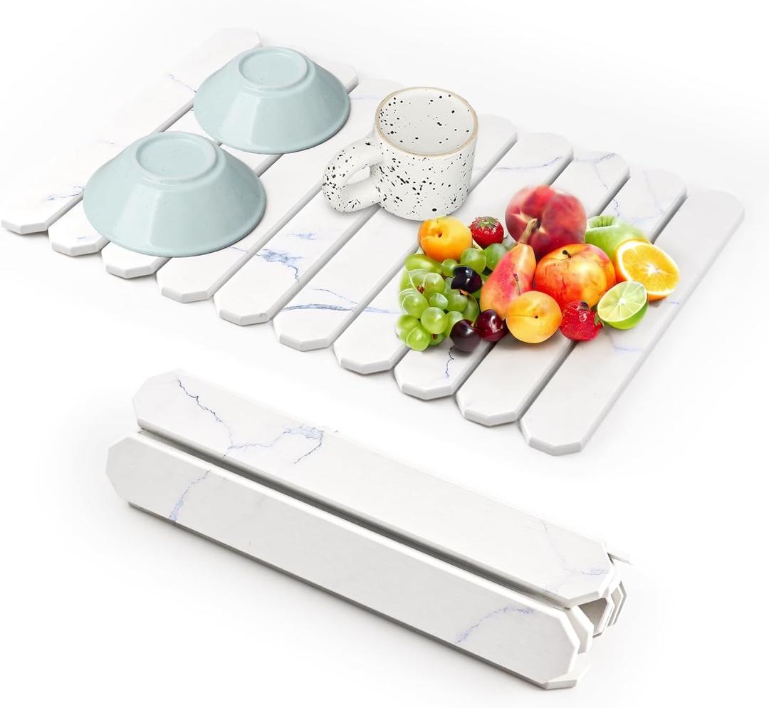Stone Dish Drying Mat for Kitchen Counter,24"(L)16"(W) Collapsible Fast-Drying Diatomaceous Earth Mats with Towel Sanding Tool,Versatile Stone Drying Mats for Cups Dishes Bottles