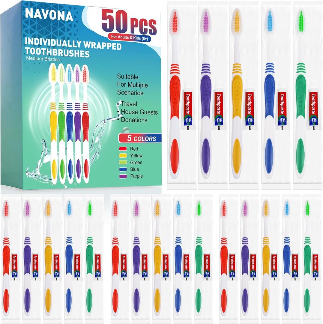 Navona 50 PCS Disposable Toothbrush with Toothpaste Bulk, Travel Toothpaste, Bulk Toothpastes, Individually Wrapped Bulk Toothbrush, Ergonomics Handle,Medium Soft Bristle, Perfect for Travel, Hotel