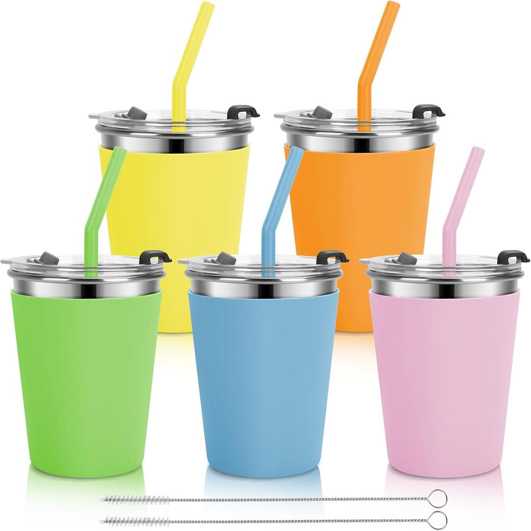 Stainless Steel Kids Cups with Lids and Straws Leakproof, 5 Pack 12oz Spill Proof Cup for Toddlers Kids Tumblers Unbreakable Sippy Cups with Straws for School, Outdoor (Multicolor) (Orange, Green, Light Blue, Pink, Yellow)