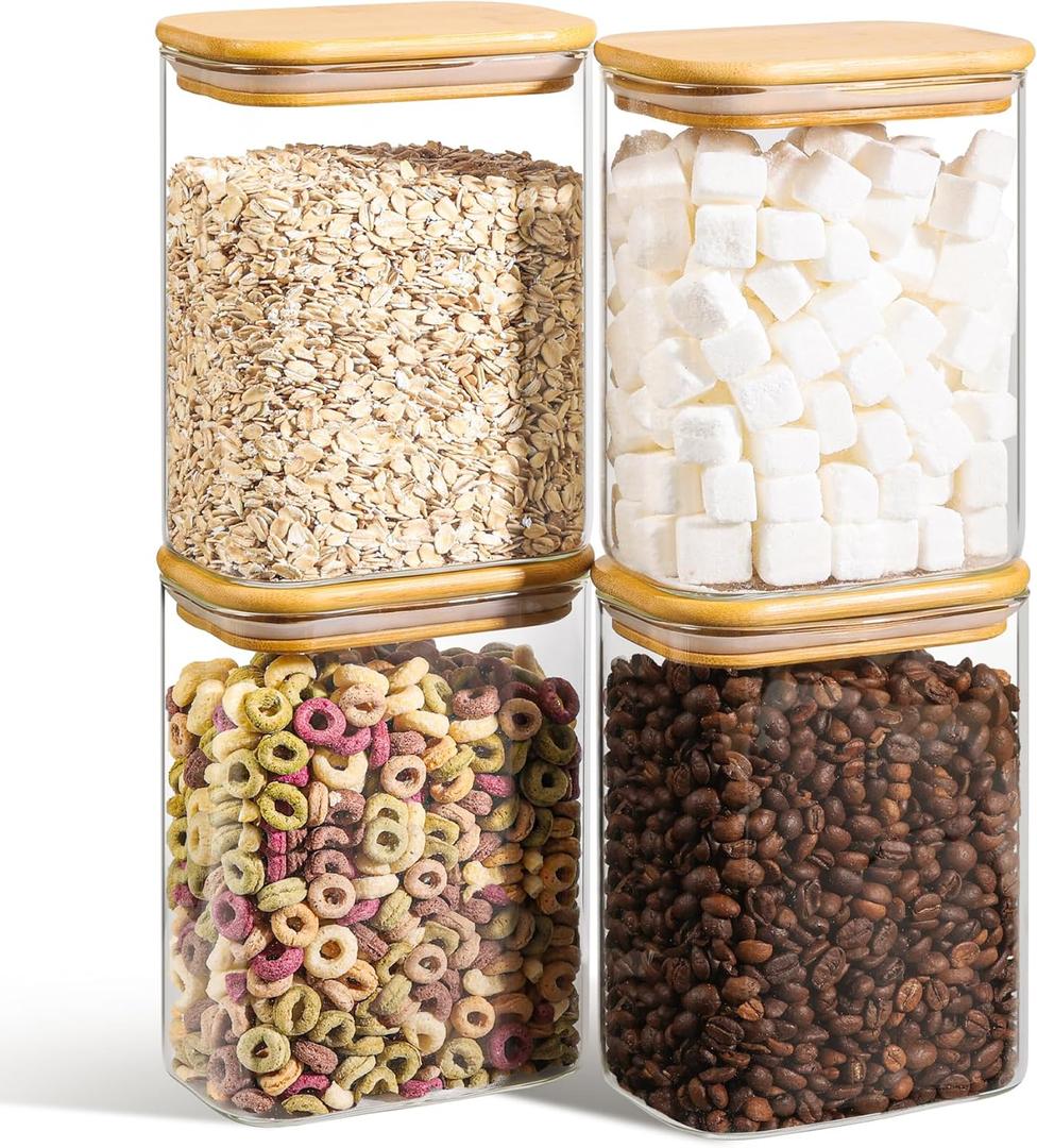 ComSaf 37oz Rectangle Glass Storage Containers with Lids, Glass Jars with Bamboo Lids, Clear Food Storage Jar, Sugar Coffee Containers, Pantry Container for Pasta Tea Candy Nut (37oz-4Pcs)