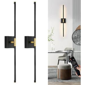 Battery Operated Wall Sconces Set of 2, Dimmable 3 Color Battery Wall Sconce with Remote, Black Gold LED Rechargeable Sconces, 24 Inch Modern Wireless Wall Lights for Bedroom, Living Room