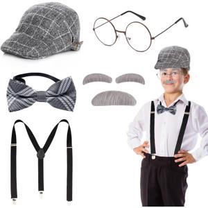 Old Man Costume for Kids,100th Day Of School Grandpa Costume Accessories including Beret Hat Suspender Bowtie beard (Grey)