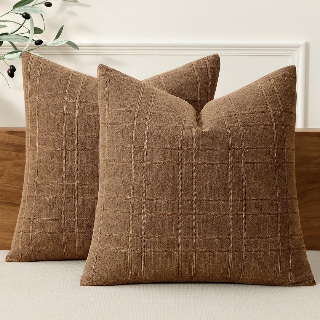 MIULEE Decorative Linen Check Throw Pillow Covers Neutral Farmhouse Vintage Pillow Covers 20x20 Set of 2 Boho Modern Winter Home Decor for Sofa Couch Bedroom Cushion Camel Brown