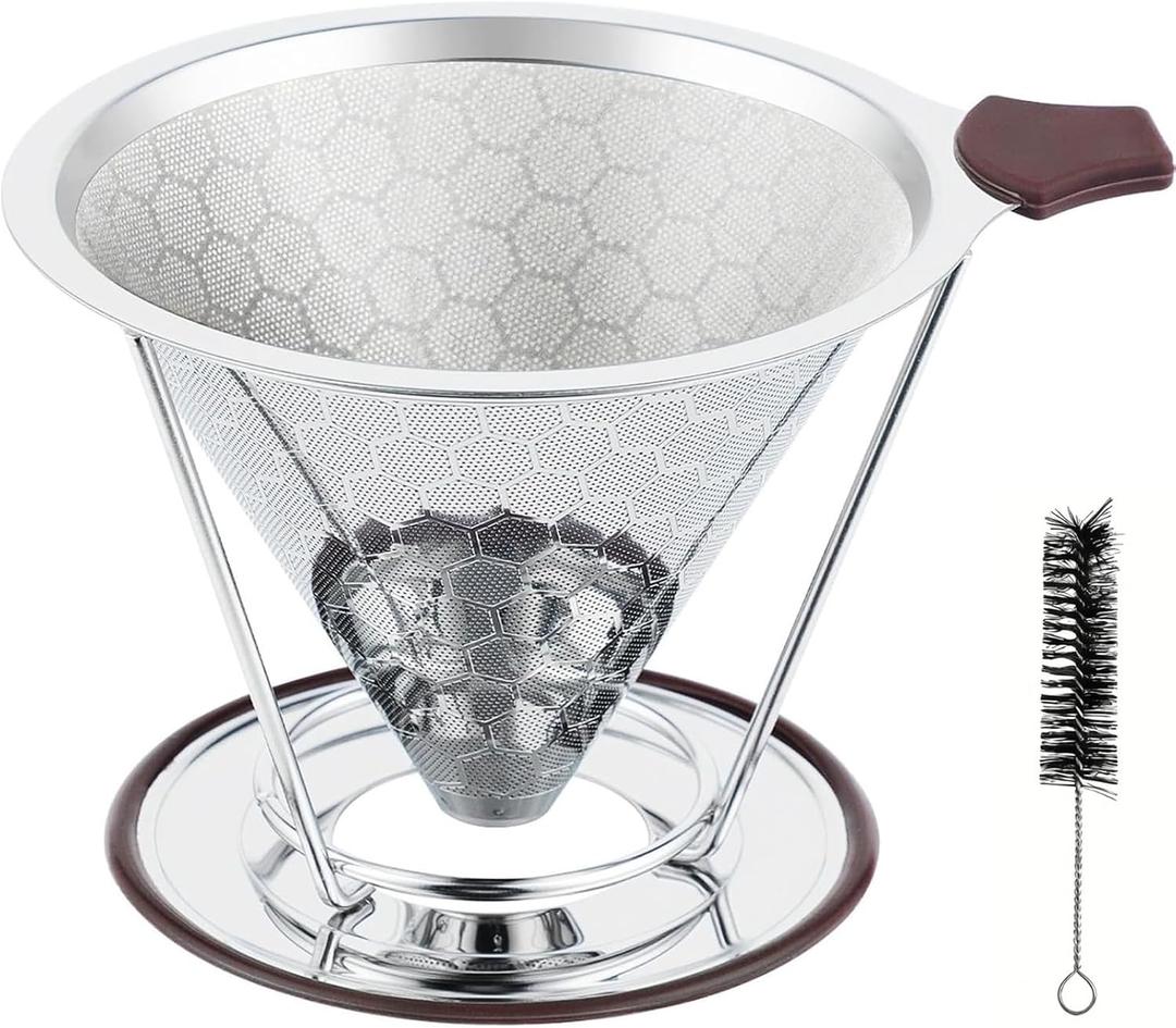 Vikuces800 Mesh Reusable Pour Over Coffee Dripper, Metal Stainless Steel Honeycomb Filter, Paperless Cone Filter for Hario V60, Chemex and Mugs with Separate Stand, Single Cup Coffee Maker, 1-4 Cup