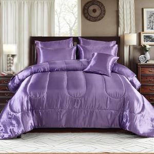 Bedding_Dreamer Satin Comforter Set King Size, 8 Piece Bed in a Bag Lavender with Sheets, Silky Soft Polyester Satin Bedding Set, Lightweight, 16 Inch Deep Pocket, Soft Glam Style