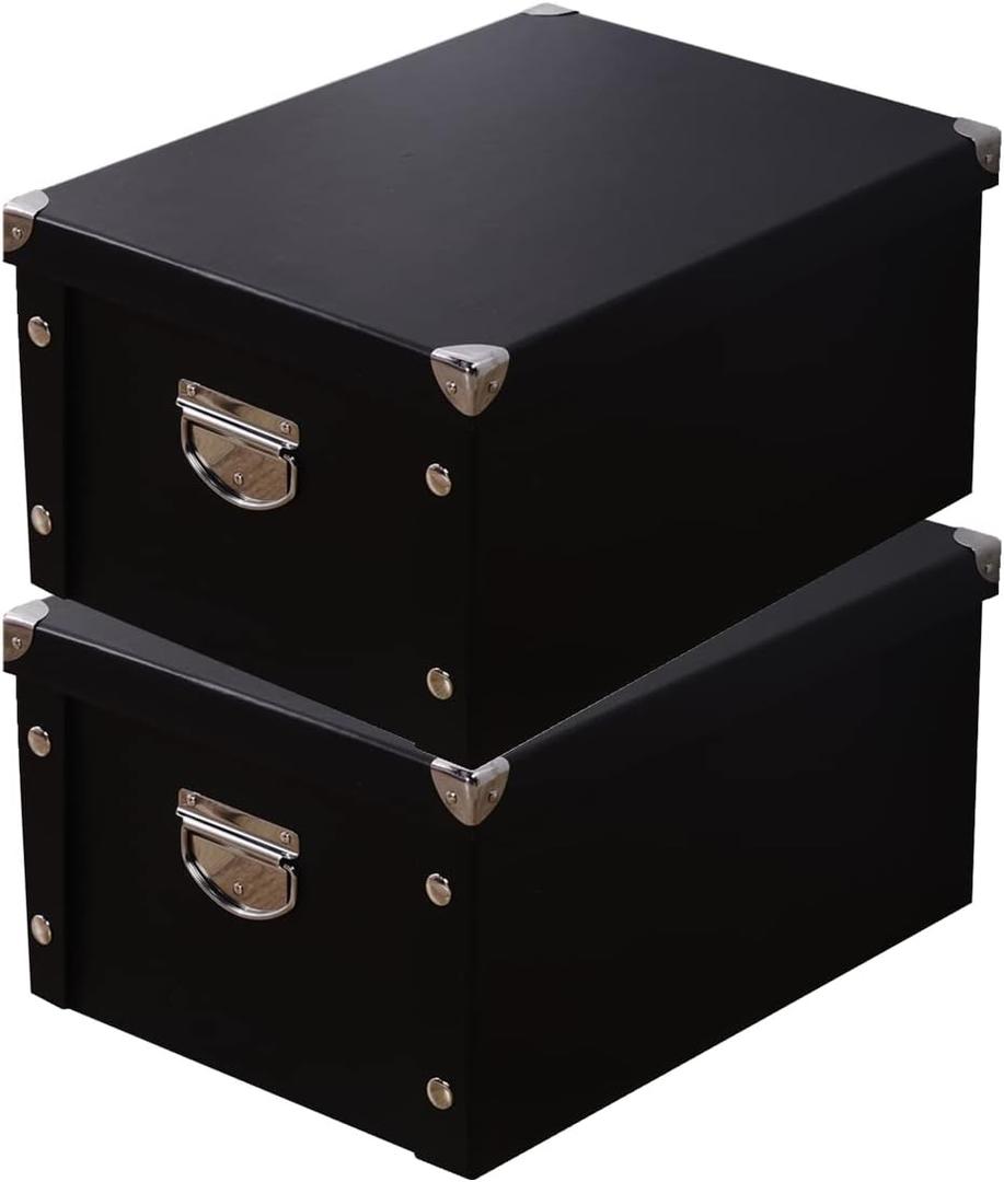 GUOZI Collapsible Storage Box, Decorative Memory Box with Lid & Metal Reinforced Corners, Organizer Gift Box for Keepsake Toy Photos Office Nursery Wardrobe Bookshelf (2Pcs-Black, 35 * 25 * 17.5cm)