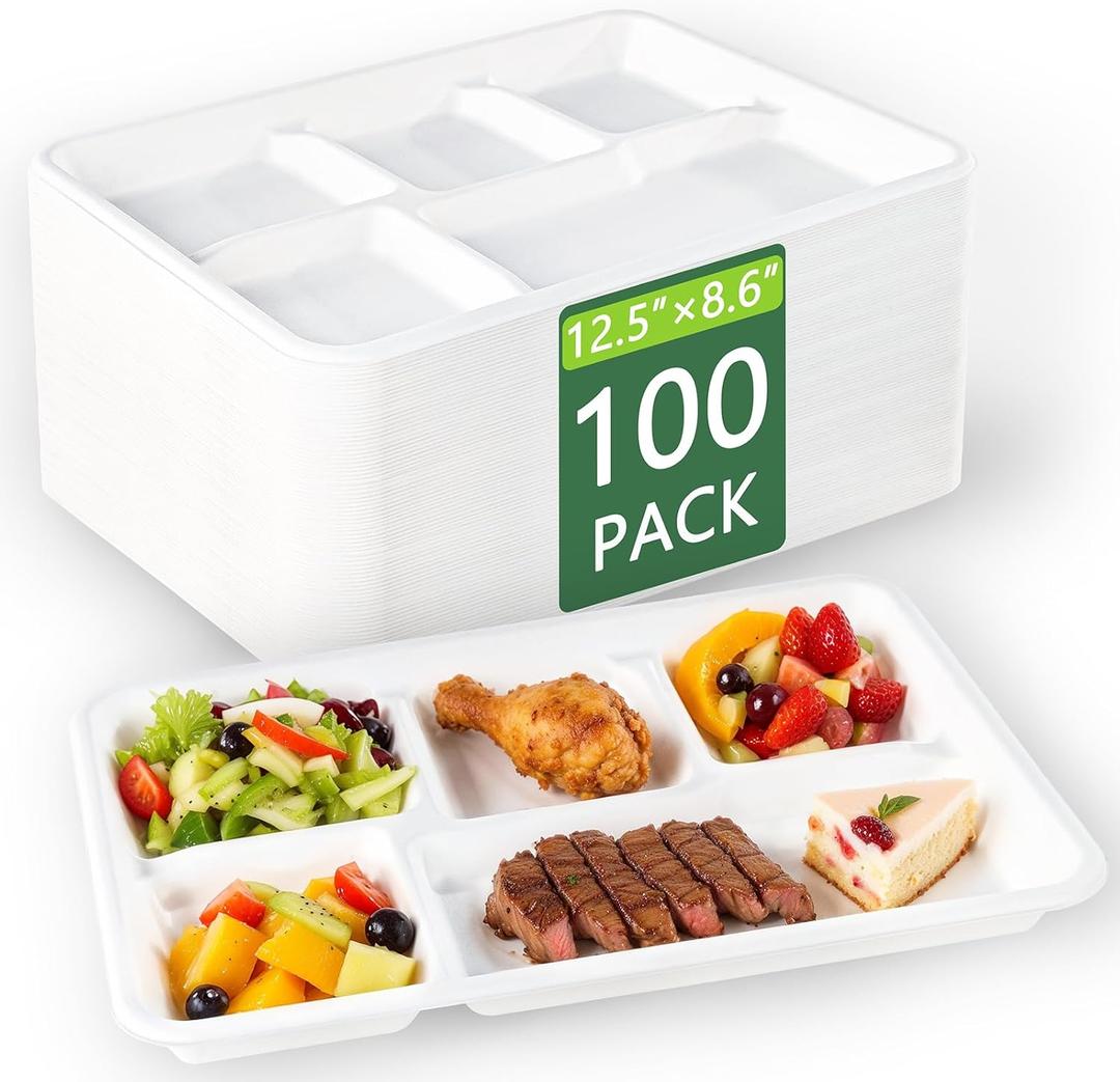 WELLIFE 100% Compostable 5 Compartment Paper Plates, 100 Pack Disposable School Lunch Trays Divided Plates for Adult Youth, 12.5 * 8.6 inch Heavy Duty Eco-Friendly Bagasse Plate for Buffet and Party (Natural)