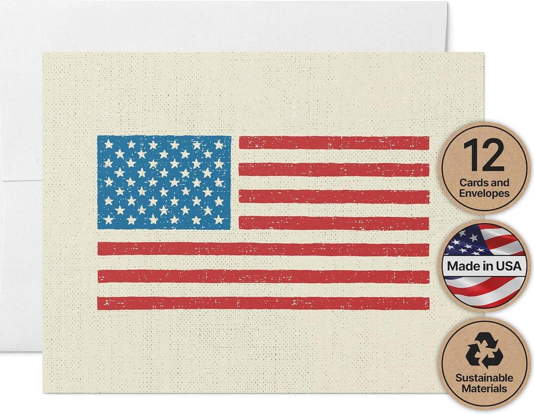 Twigs Paper American Flag Note Cards, 12-Count, 5.5 x 4.25 in, Ideal for Memorial Day, Fourth of July, and Patriotic Occasions (Old Glory)