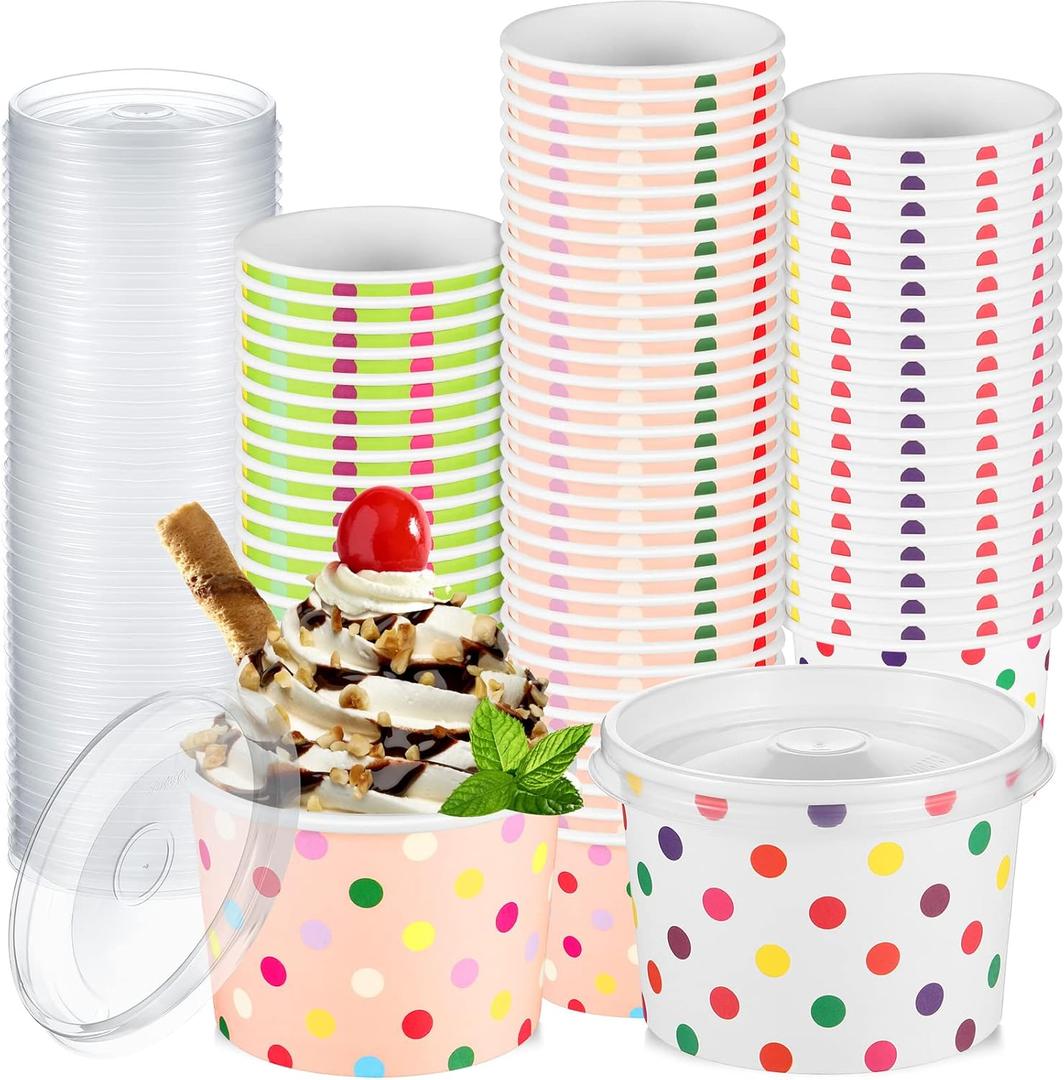 150 Pcs 8 Oz Ice Cream Cups with Lids Paper Snack Bowls with Lids Disposable Soup Containers Paper Dessert Cups Disposable Ice Cream Bowls for Cold or Hot Food Summer Graduation Party Supplies