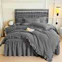 LifeTB Queen Comforter Set Black Gingham Comforter Vintage Ruffle Checkered Pattern Comforter Set Boho Grid Plaid Bedding Comforter Fluffy Soft Chic Gingham Bedding Set Queen Size for All Season