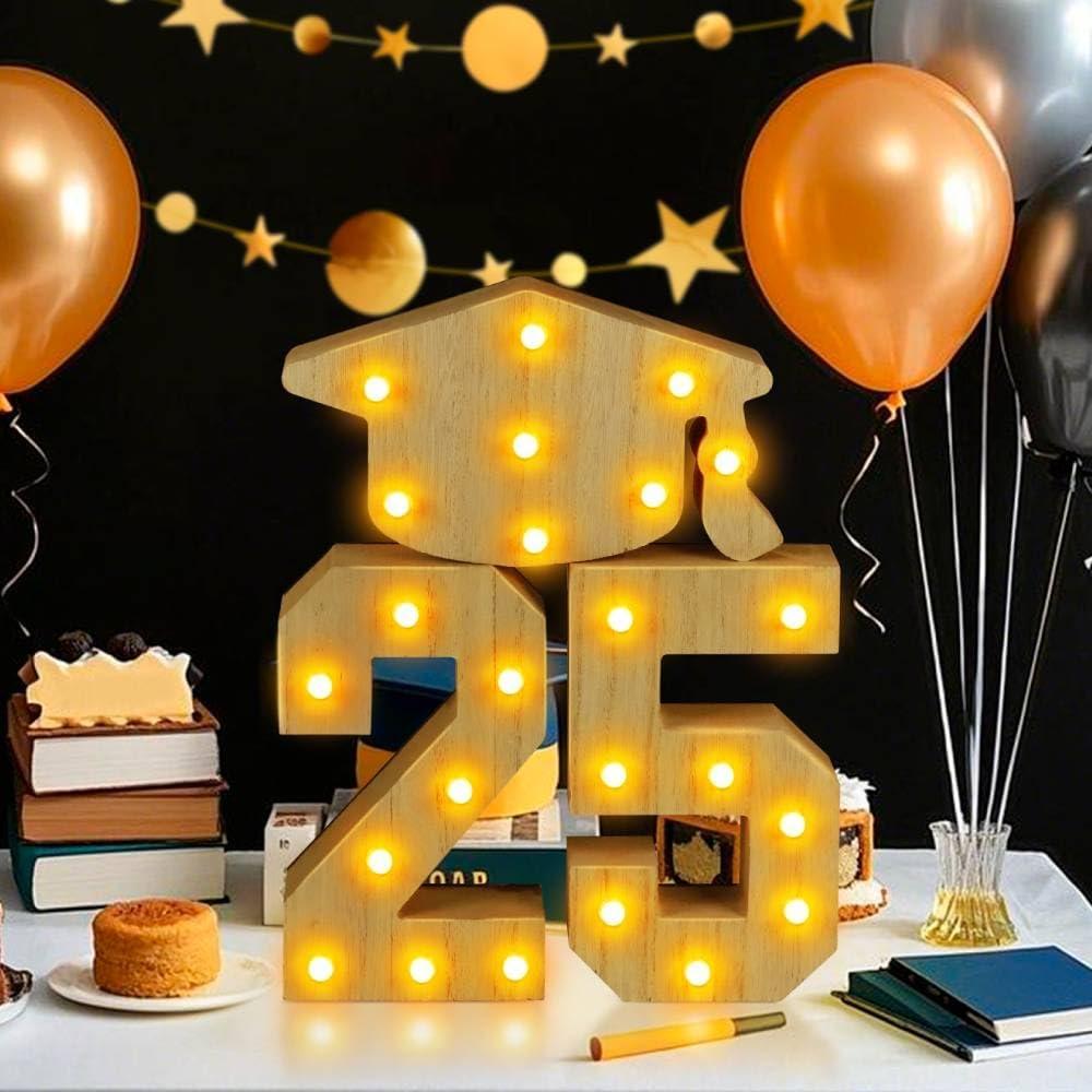 2025 Graduation Party Decorations, 3 LED Marquee Letter Signs '2' '5' Graduation Hat, Graduation Decorations Class of 2025 Wooden Signs for Kindergarten Preschool High School College Graduation Decor