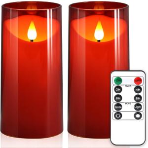 NURADA Flameless Candles with Remote Timer: 3D Wick Battery Operated Led Pillar Fake Candle Set for Wedding Birthday Christmas Decorations - Red 2 Pack (6" x 6")