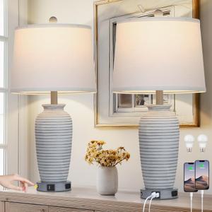 CINSARY 25" Farmhouse Jar Table Lamps Set of 2, 3 Way Touch Control Rustic Bedside Lamps with USB A+C Ports & AC Outlet, Pot Nightstand Lamps for Bedroom Living Room (LED Bulbs Included) (Grey-white)