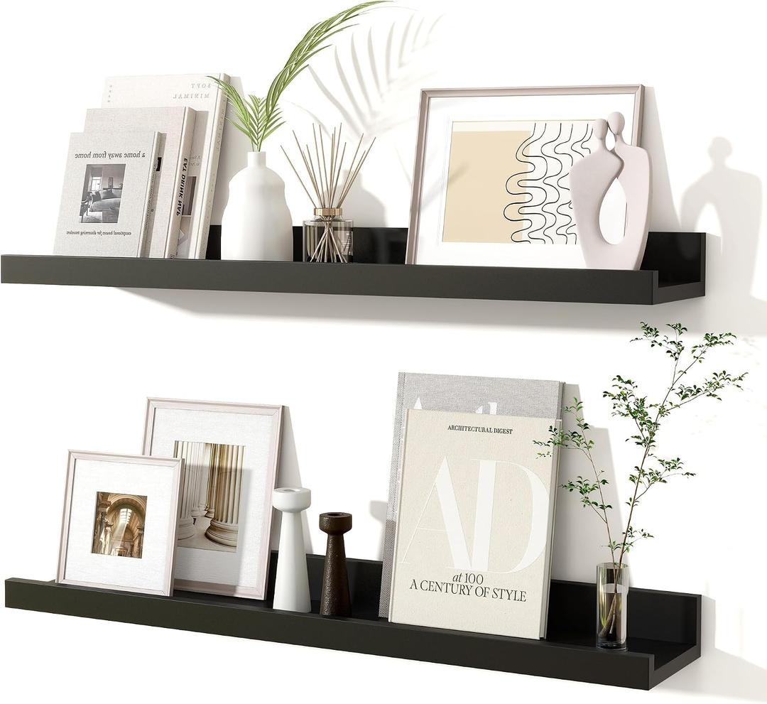 Fun Memories Picture Ledge Shelves Set of 2, 24 Inch Rustic Wall Mounted Floating Shelves with Lip for Home Storage and Dcor in Bathroom, Kitchen, Nursery, Bedroom, Living Room, Black