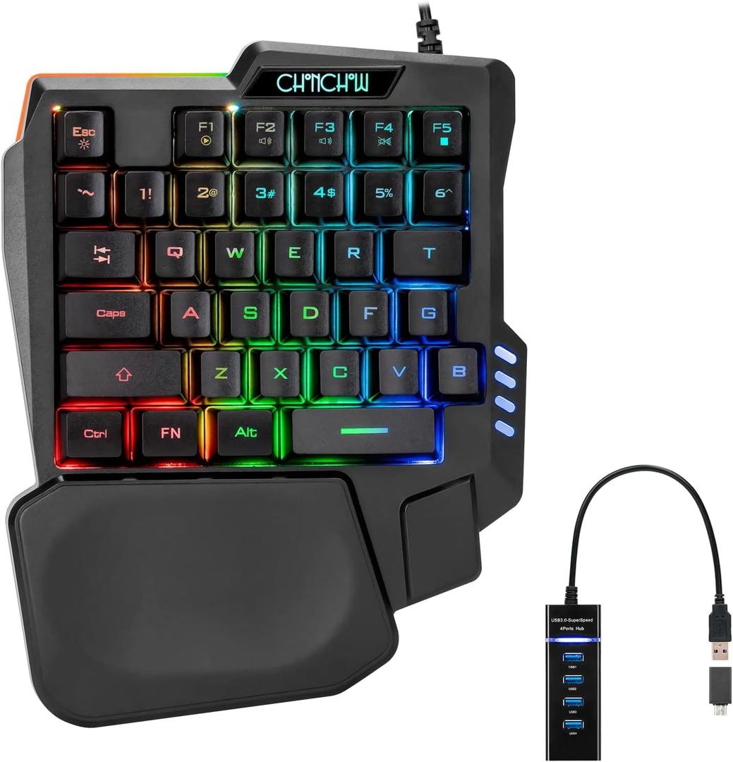 CHONCHOW One Handed Gaming Keyboard, 35 Keys, Rainbow LED, Wired USB, Ergonomic with Wrist Rest, Mini Portable, PS4/PS5/Xbox/PC/Laptop Compatible