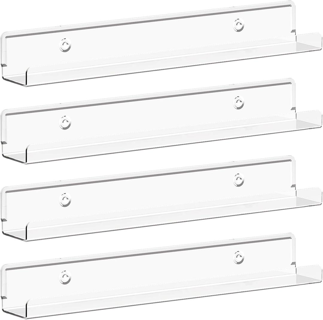 Lifewit Floating Shelves for Vinyl Record, 4 Pack 12" Clear Acrylic Wall Shelf Room Decor for Book/Photo/Picture/Makeup Display in Bedroom, Living Room, Bathroom Storage and Organization